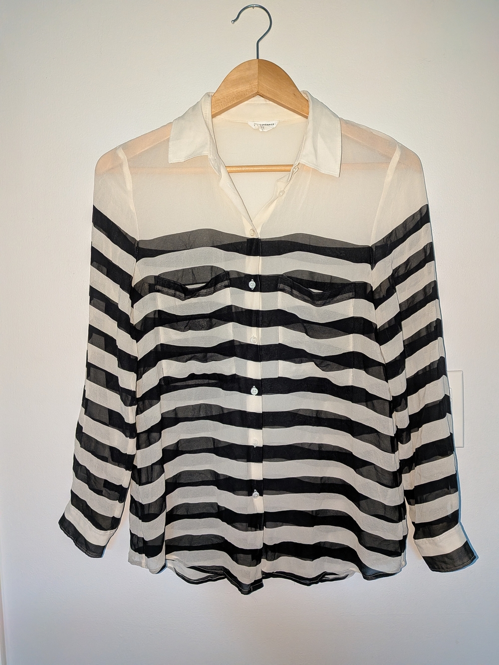 Club Monaco Black and White Striped Sheer Button-Down Silk Shirt